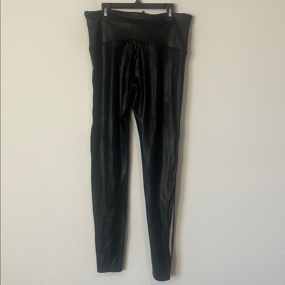 SPANX Black Faux Leather Leggings with White Stripe - Picture 5 of 5